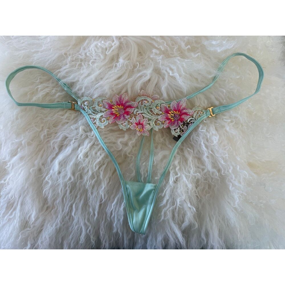 Honey Birdette Amelie Mint Green Floral Embroidered Thong Size XL NWOT Rare